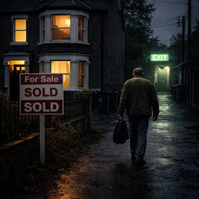 Man walking away from a sold house at night, symbolising landlords exiting the rental market