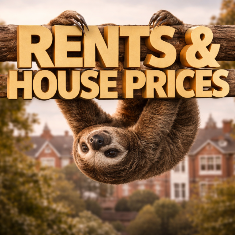 Sloth hanging from a sign reading “Rents & House Prices” symbolising slow UK housing market growth
