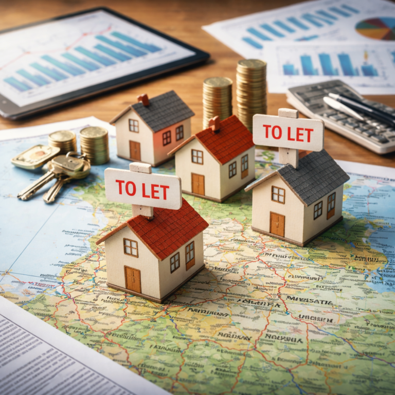 Buy-to-let houses on a UK map with coins and charts illustrating regional property investment trends