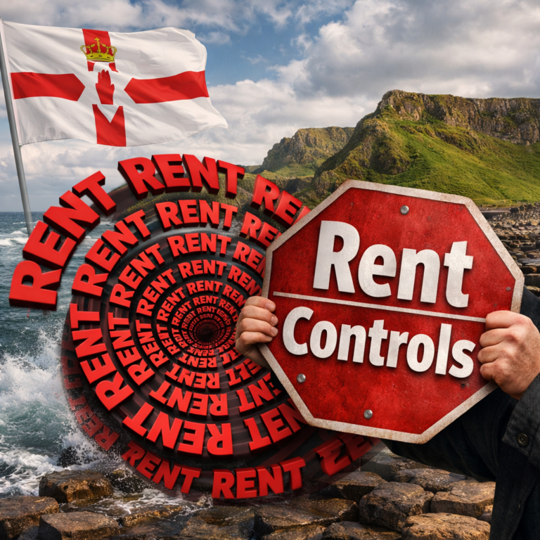 Northern Ireland rent controls concept image with flag, coastal cliffs and warning sign for tenants