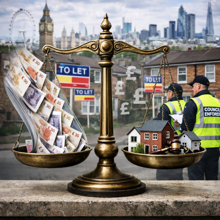 Scales weighing cash against housing and enforcement, symbolising costs of tackling rogue landlords in London