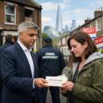 London official gives a renter housing support leaflet near council enforcement officers and To Let signs