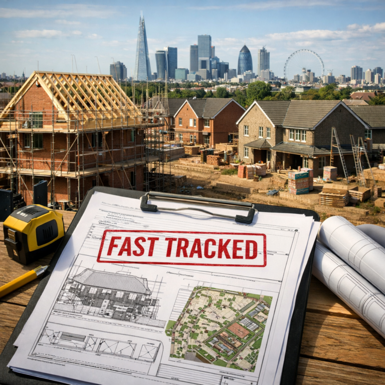 Housing development site in London with fast-tracked planning documents in foreground