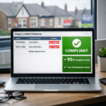Laptop displaying rogue landlord database with compliance status alongside housing outside window