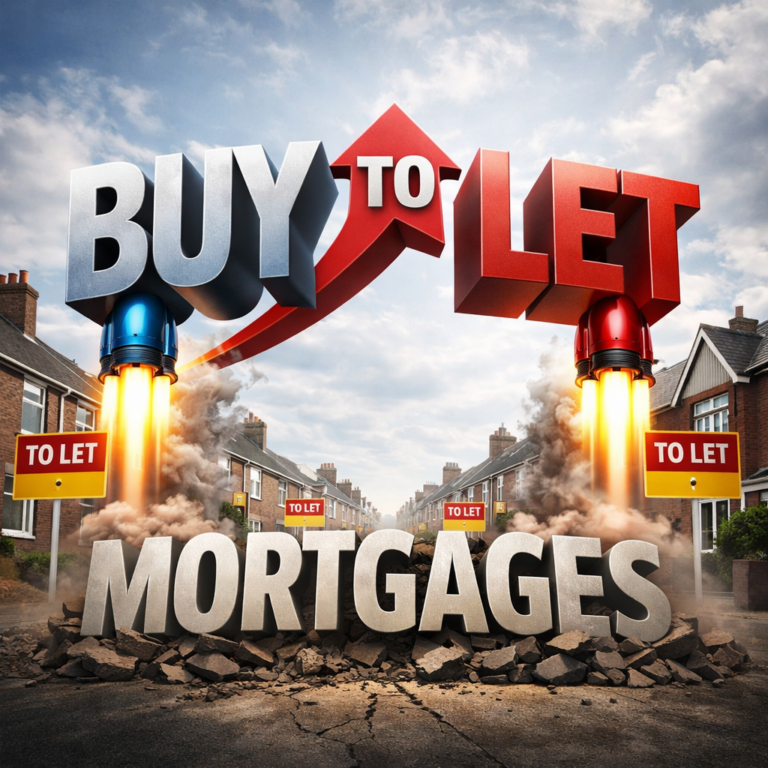 Buy-to-let mortgages relaunch with rising arrow and rental homes illustrating market recovery