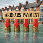Stacks of coins with downward arrows and “Arrears Payment” sign illustrating falling rent arrears in 2025