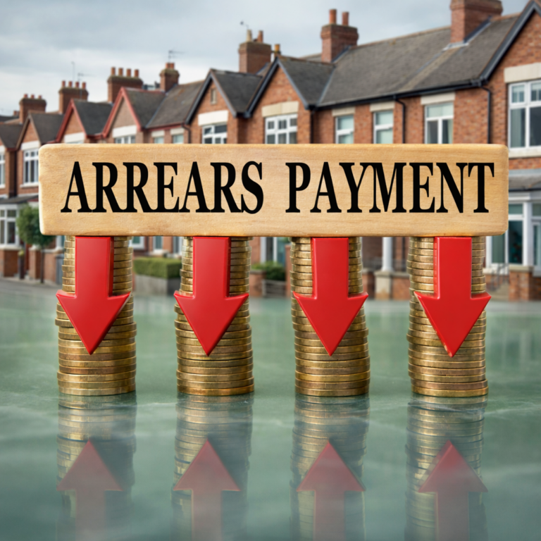 Stacks of coins with downward arrows and “Arrears Payment” sign illustrating falling rent arrears in 2025