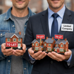 Two landlords holding model houses with “To Let” signs, one representing a limited company structure