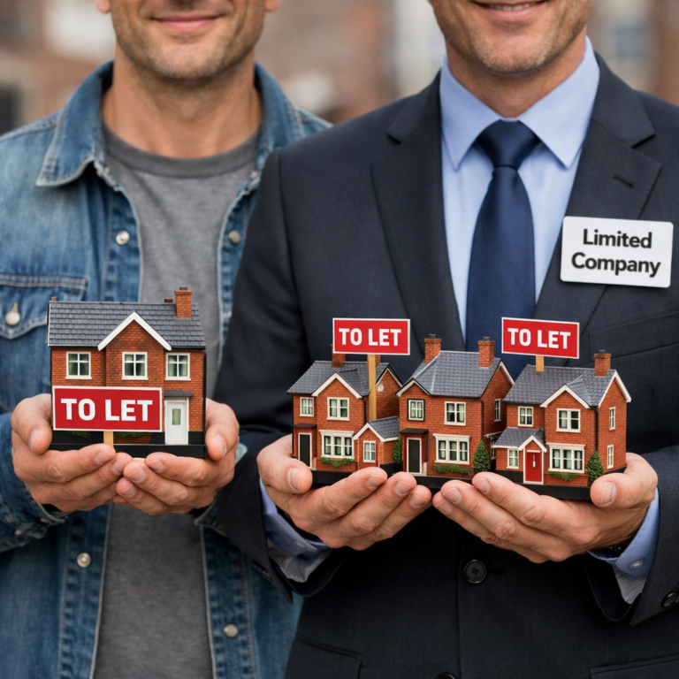 Two landlords holding model houses with “To Let” signs, one representing a limited company structure