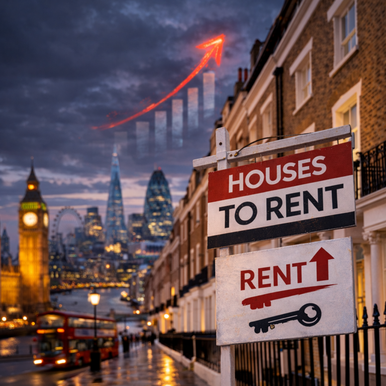 Houses to rent sign in London with skyline backdrop illustrating rising rental prices