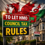 To let HMO sign with council tax rules text against Welsh flag and residential street