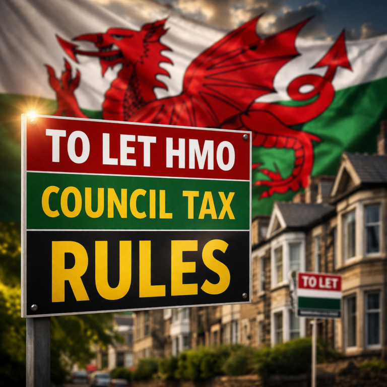 To let HMO sign with council tax rules text against Welsh flag and residential street