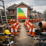 House under renovation with EPC rating chart sign highlighting energy efficiency upgrades in housing