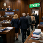 Courtroom scene with people exiting as delays in possession cases highlight prolonged legal processes for landlords