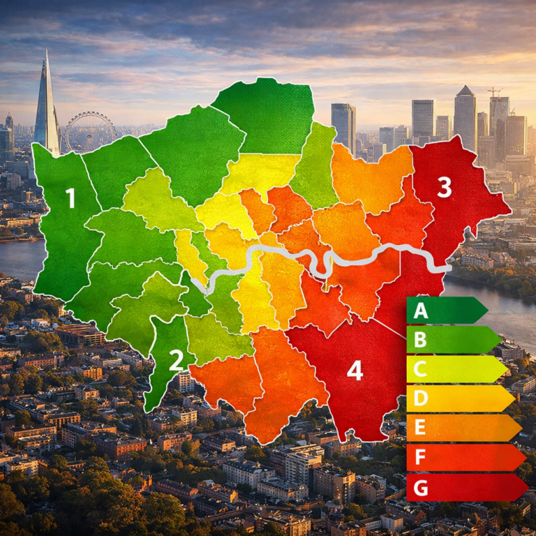 London borough map showing EPC C ratings with green for high efficiency and red for low