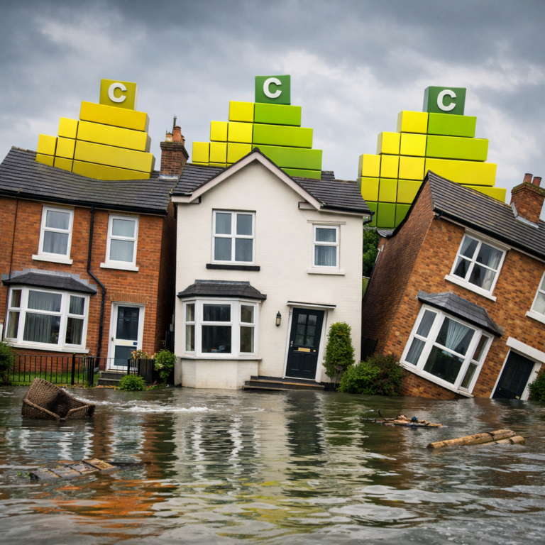 Flooded suburban homes with EPC rating blocks above roofs highlighting climate risk to energy-efficient properties