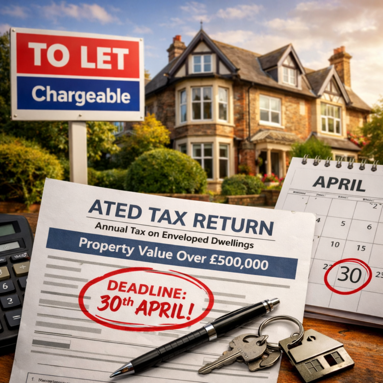 ATED tax return form with 30 April deadline beside a UK residential property and letting sign