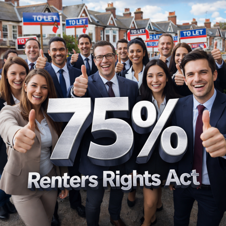 Landlords and agents giving thumbs up with “75% Renters Rights Act” text and to-let signs behind