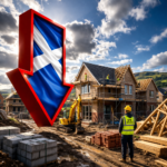 Scottish housebuilding slump illustrated by a falling arrow over new homes under construction