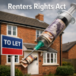Syringe filled with UK banknotes over a rental home and “To Let” sign illustrating funding to tackle rogue landlords