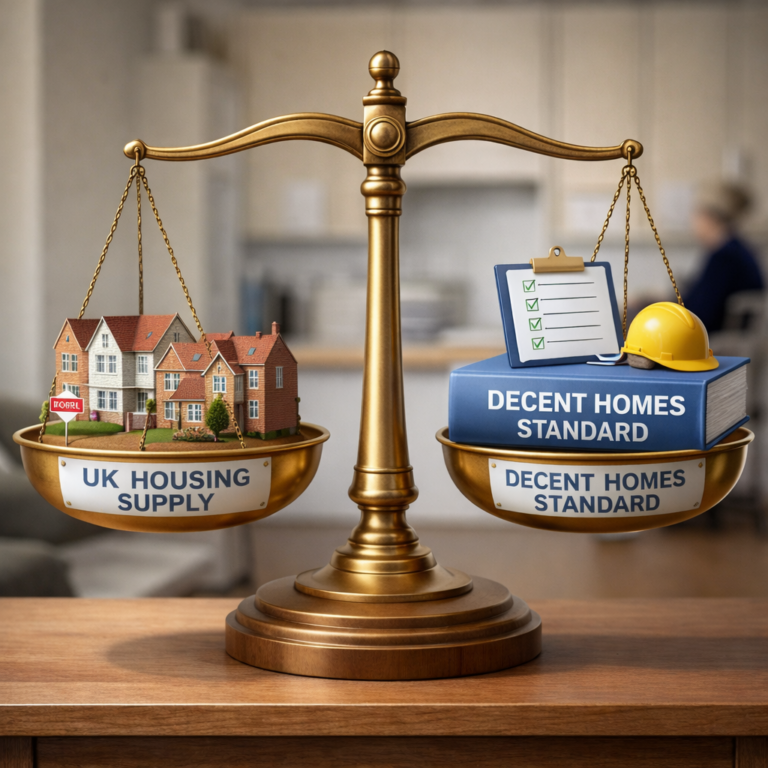 Balance scale comparing UK housing supply with Decent Homes Standard housing regulations