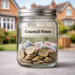 Jar labelled “Council Fines” filled with coins and banknotes in front of suburban houses, symbolising landlord penalties