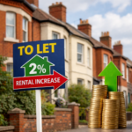To Let sign showing 2% rental increase with stacked coins and upward arrow outside English terraced houses