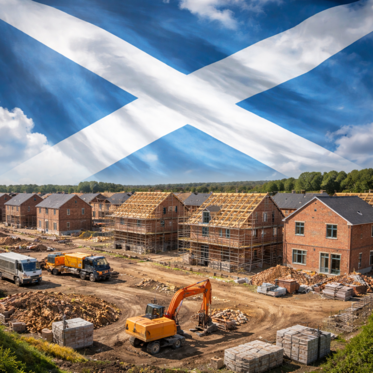 New housing development under construction beneath a Scottish flag, representing plans to increase housebuilding in Scotland.