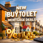 Buy-to-let mortgage deals illustrated with houses, coins, and percentage symbol representing landlord lending options.