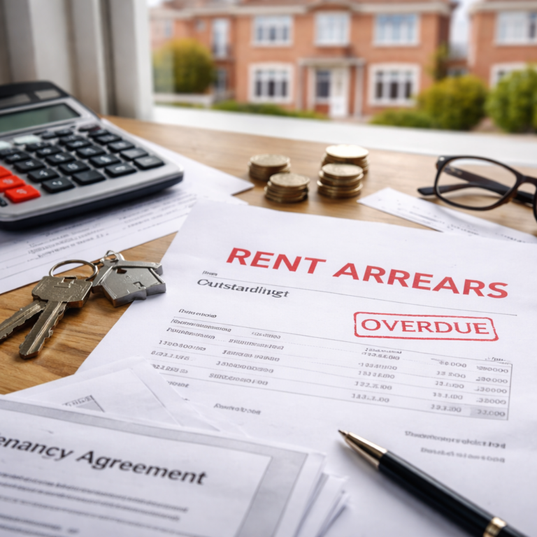 Rent arrears notice marked overdue with tenancy agreement, keys, coins and calculator on a desk