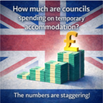 Stacked cash with pound symbol rising against UK flag, illustrating rising council spending on temporary accommodation