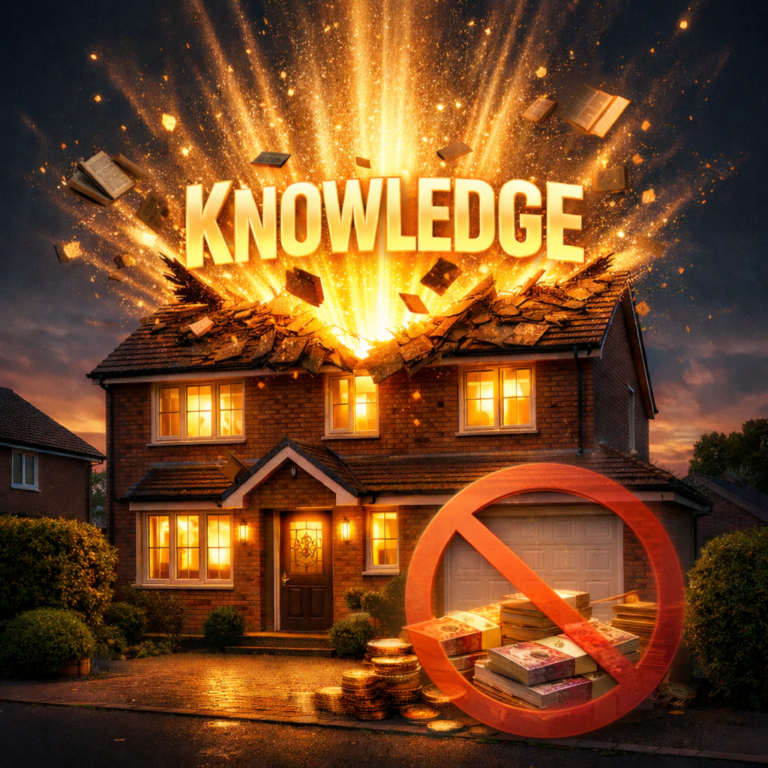 Knowledge emerging from a property portfolio, symbolised by books bursting from a house roof