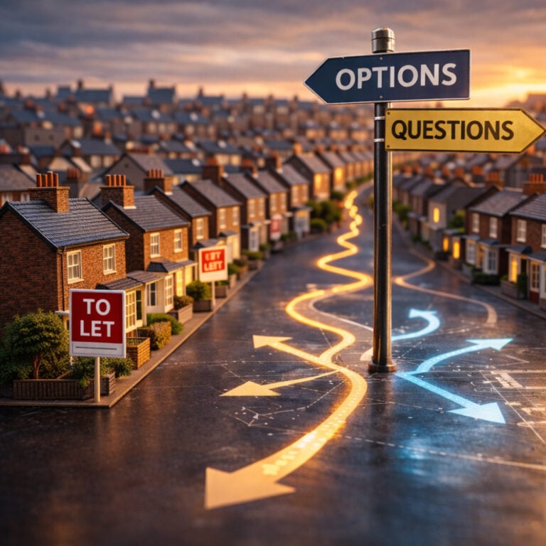 Signpost showing “Options” and “Questions” at a crossroads in a street of rental homes, symbolising strategic choices for established landlords.