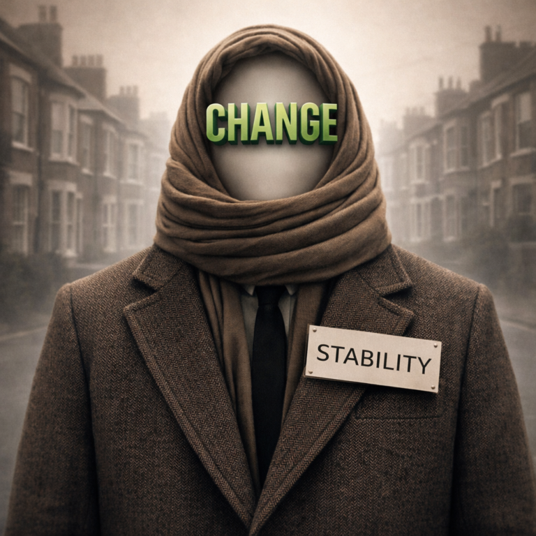 Faceless figure with “Change” over the face and a “Stability” badge, symbolising reassessing a stable property portfolio.