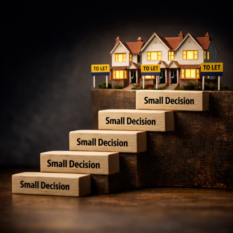 Steps labelled “Small Decision” leading to rental houses with “To Let” signs, symbolising incremental portfolio choices.