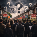 Landlords facing rows of rental houses with “To Let” signs while question marks hover overhead