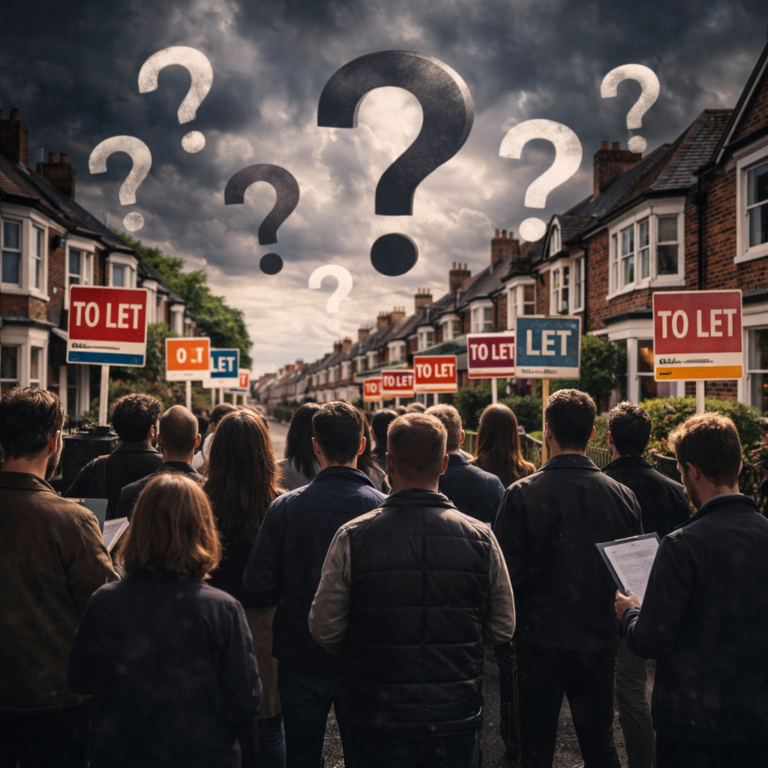 Landlords facing rows of rental houses with “To Let” signs while question marks hover overhead