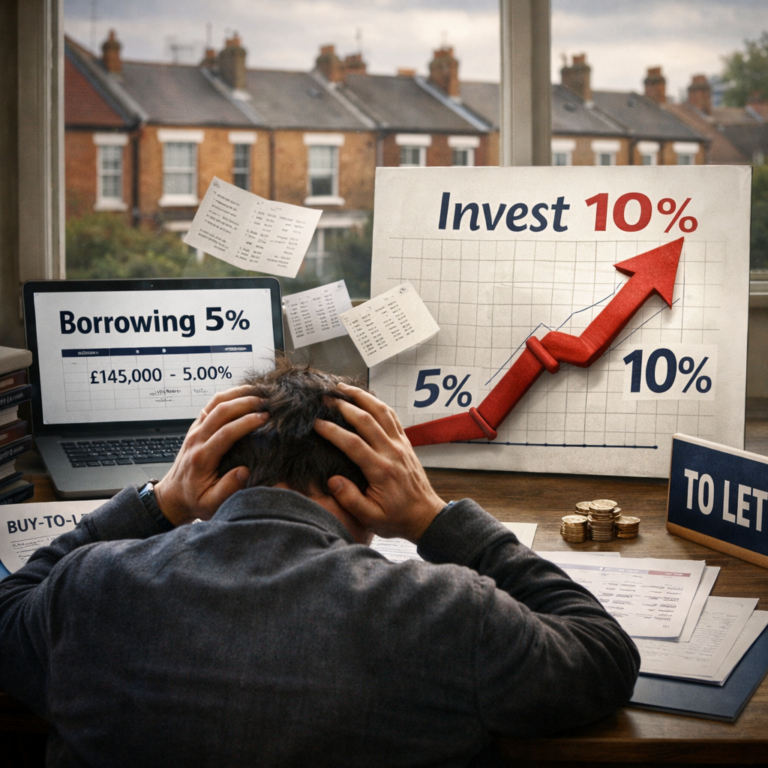 Landlord reviewing borrowing costs versus investment returns while analysing a buy-to-let portfolio strategy.