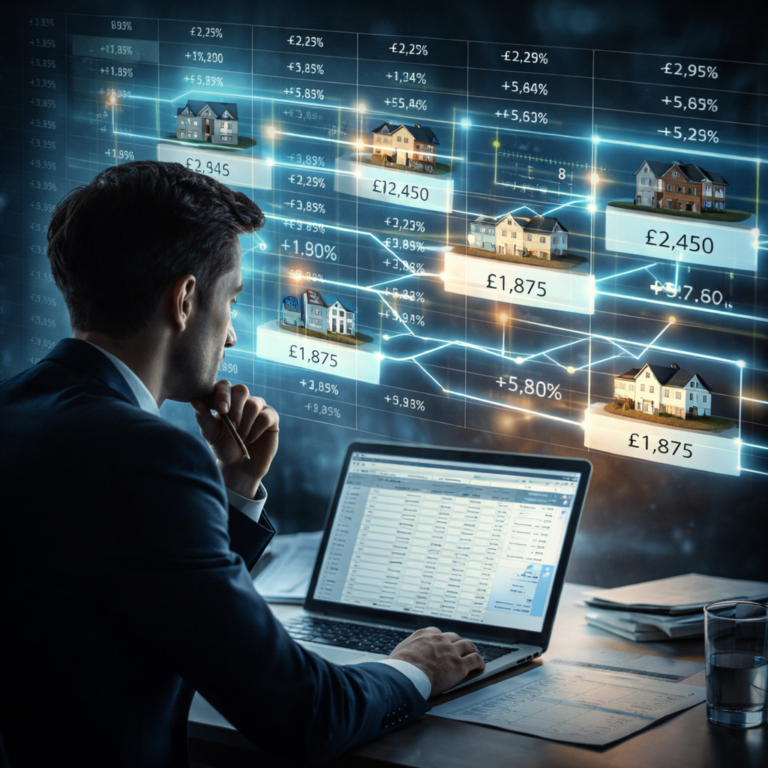 Landlord analysing property portfolio data and rental property values on a digital dashboard