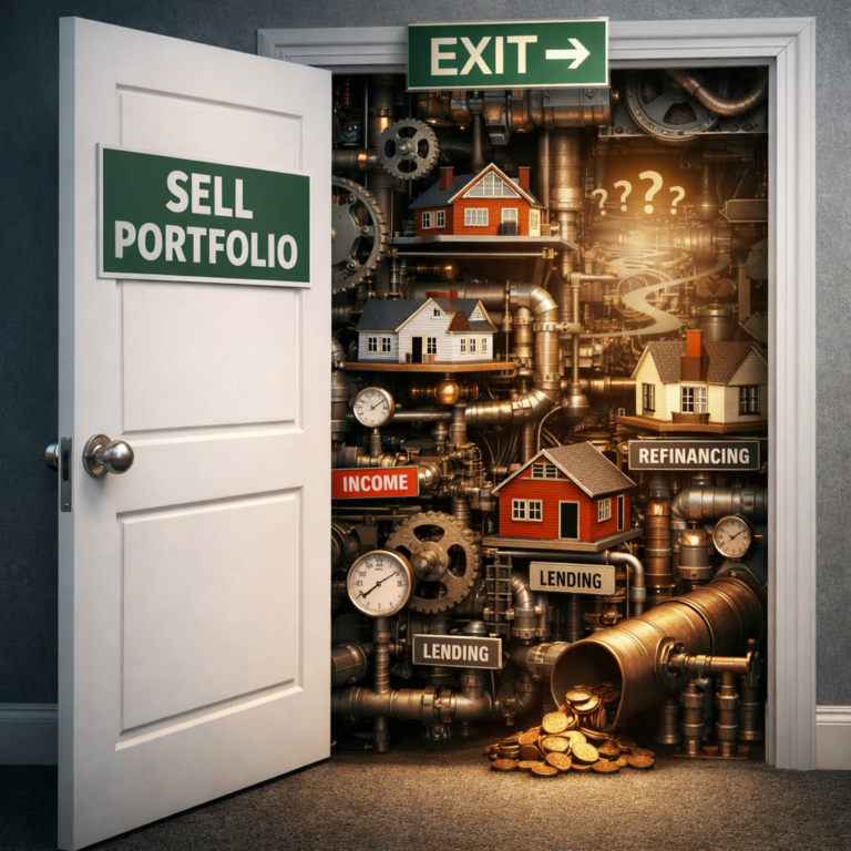 Door marked “Sell Portfolio” opening to complex property income system with houses, lending, refinancing and cash flow mechanisms.