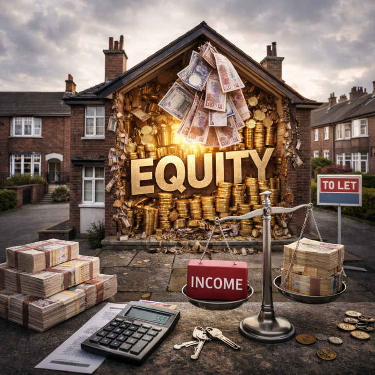House filled with cash and coins illustrating property equity versus rental income imbalance