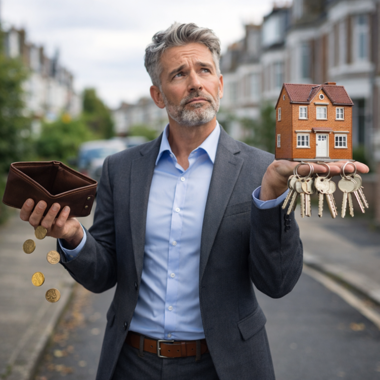 Landlord weighing an empty wallet against a house and keys, illustrating asset rich but cash poor pressures