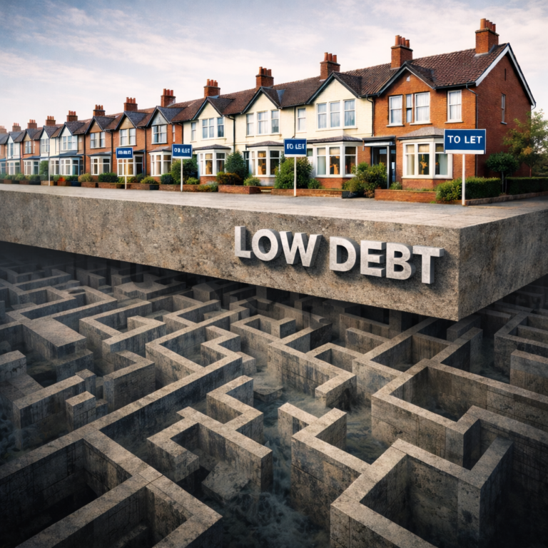 Row of rental houses above a maze labelled “Low Debt,” illustrating the hidden complexity of mature property portfolios.