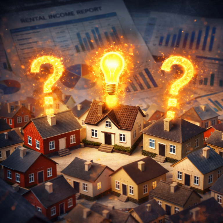 Miniature houses with glowing question marks and lightbulb over property portfolio reports