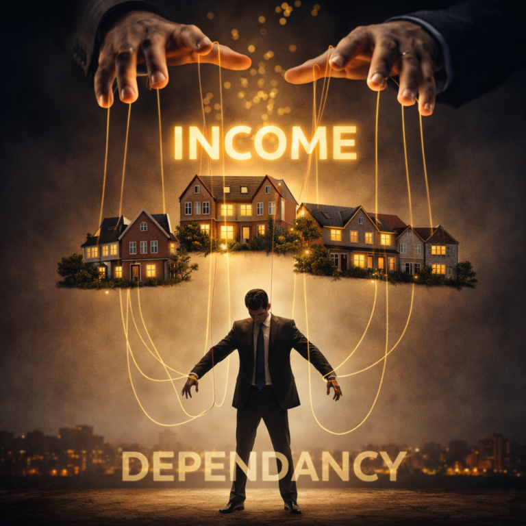 Illustration of property income dependency with rental homes controlling a landlord like a puppet