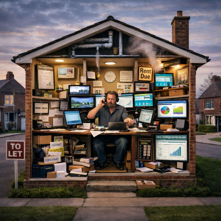 Landlord working in cluttered office managing property portfolio decisions and tenant issues