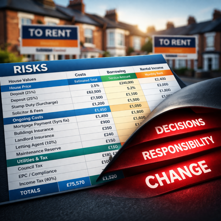 Property portfolio risk spreadsheet with rental figures and hidden factors like decisions and responsibility