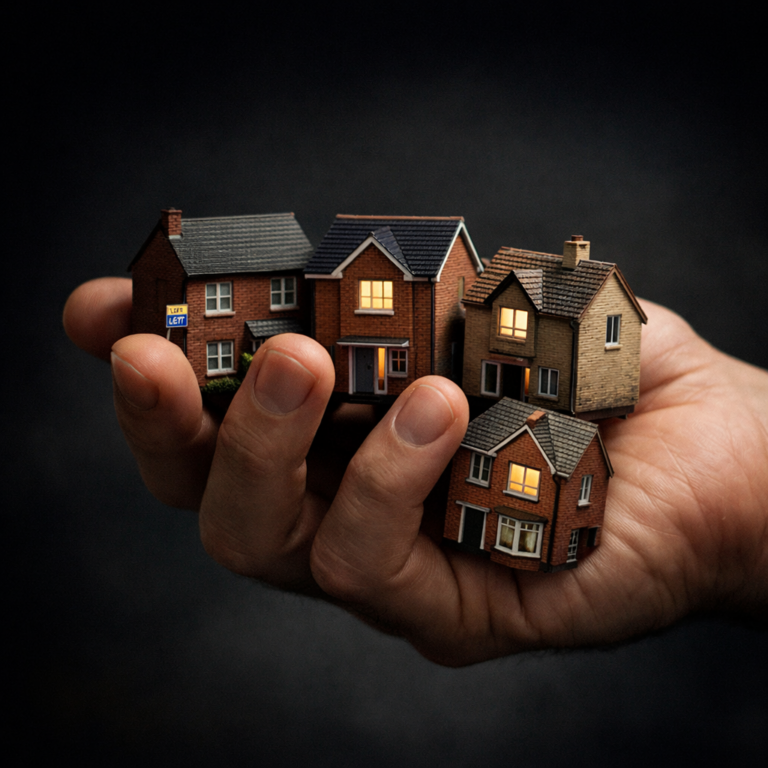 Hand holding miniature houses symbolising property portfolio simplification and reduced assets