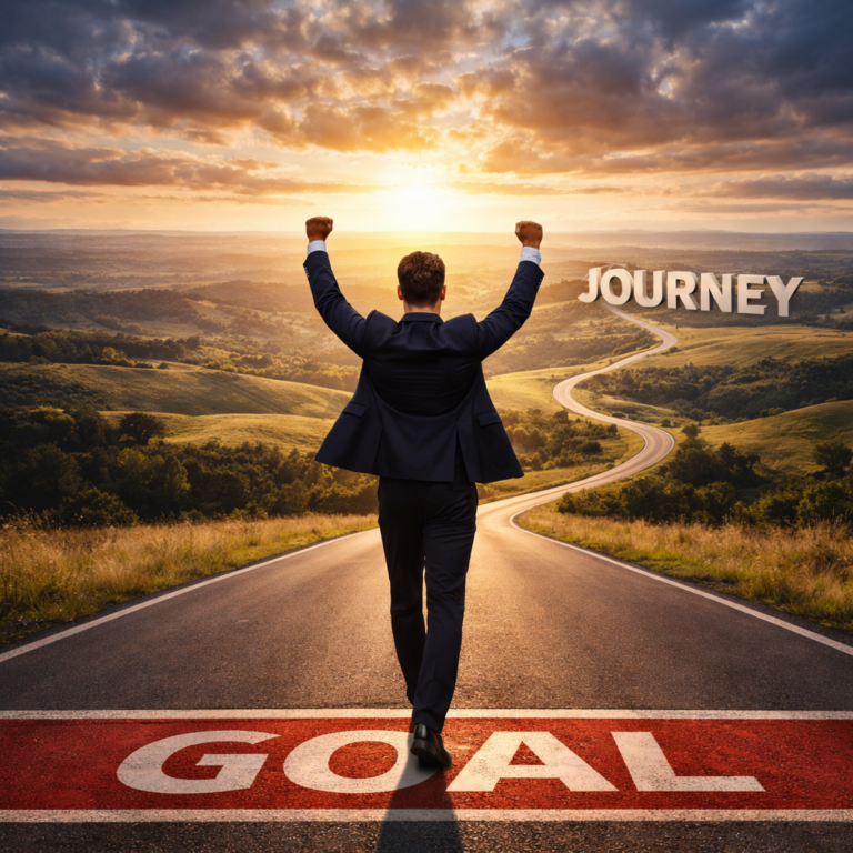 Businessman crossing a goal line on a road toward a sunrise, symbolising achieving long-term property investment goals