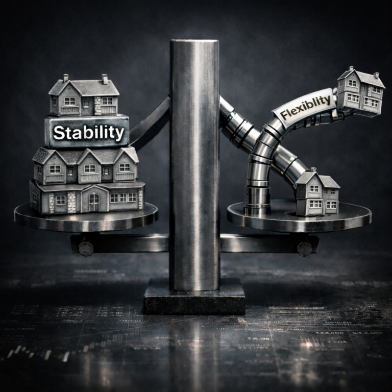 Balance scale comparing property portfolio stability and flexibility for landlords